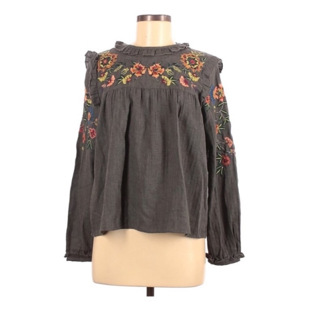 Gray peasant shirt with multi colored floral embroidery
